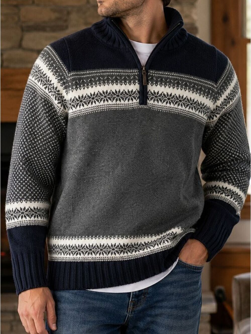 Lands' End Fair Isle Nordic Quarter-Zip Mock Neck Sweater – Gray & Black